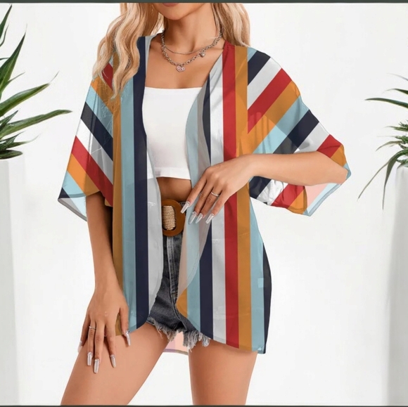 New! Semi Transparent striped Kimono Cover-Up Sz Xlarge - Picture 1 of 7